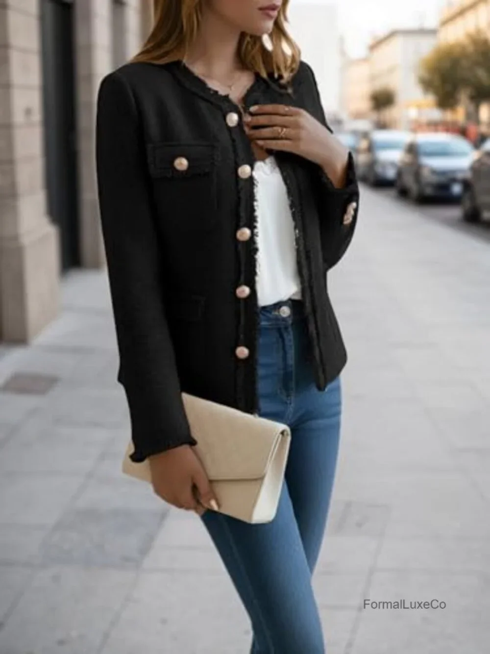 Tweed Blazer Jacket Crewneck Open Front Office Coat Pockets